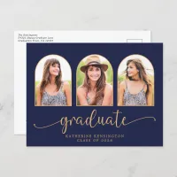 Navy Blue Gold Arch 3 Photo Graduation Announcement Postcard