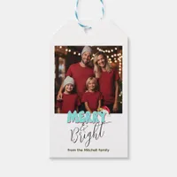 Retro Blue Simple Photo Merry Bright Christmas Gift Tags