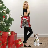 Christmas Cat Photo in Santa Hat Snowflake in Red Tote Bag