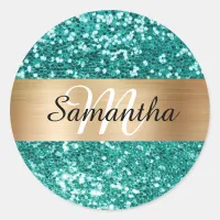 Sparkly Teal Glitter Gold Shimmer Monogram Classic Round Sticker