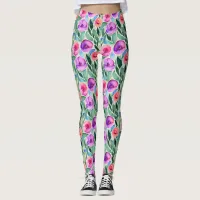 Watercolor Flowers in Purple, Pink and Green Leggings