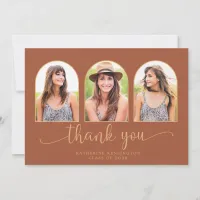 Elegant Arch Terracotta Gold 3 Photo Graduation Thank You Card