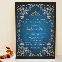 Vintage Blue Gold Princess Tiara Quinceañera   Invitation