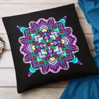 Purple and Black Mystical Colorful Mandala  Throw Pillow