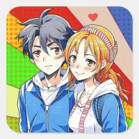 Anime Boy and Girl Couple with Heart Square Sticker