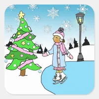 Christmas ethnic Ice Skater on Snowy Winter Day Square Sticker