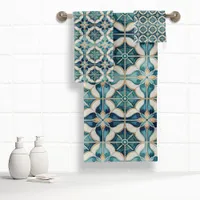 Floral Moroccan Tile Pattern#1 Teal White ID1078 Bath Towel Set