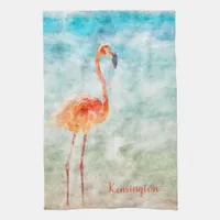 Watercolor Pink Flamingo | Tropical Shore Bird Kitchen Towel