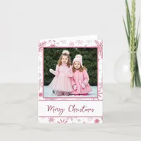 Family Photo Pink Snowflakes Christmas Greeting  Holiday Card