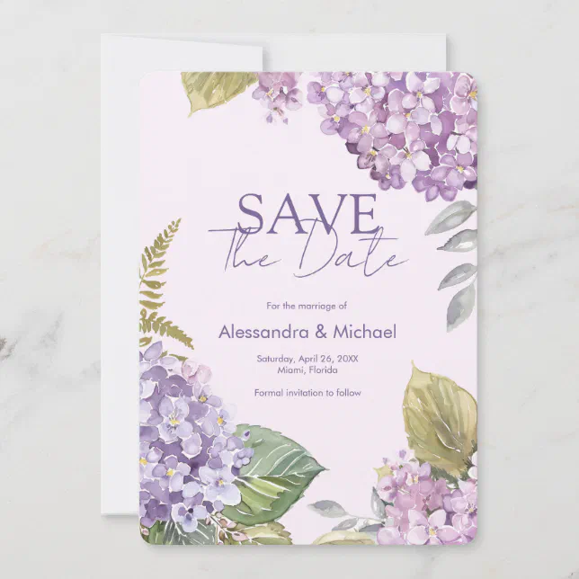 Watercolor Lavender Hydrangea Save The Date Invitation