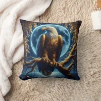 Eagle Perched On Branch Under Full Moon Throw Pillow