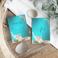 Teal Blue Turquoise Seashell Beach Wedding  RSVP Card