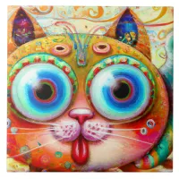 Colorful Fantasy Cat sticking out its Tongue Ceramic Tile