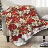 Red White Christmas Floral Pattern#17 ID1009 Fleece Blanket