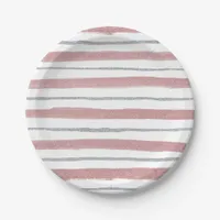 Girly Blush Pink Silver Glitter Sparkle Stripes Paper Plates