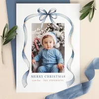  Blue Bow Wavy Ribbon Frame Merry Christmas Photo Holiday Card