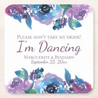 Bold Purple Blue Floral Wedding Reception Square Paper Coaster