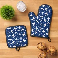 Airplane Aeroplane Pilot Blue White Oven Mitt & Pot Holder Set