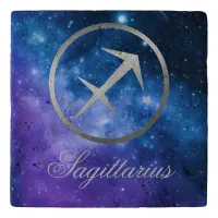 Grey Zodiac Sagittarius & sign on blue galaxy | Trivet