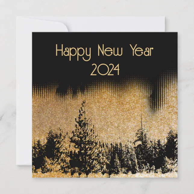 Happy new year, fir trees silhouettes on gold dots