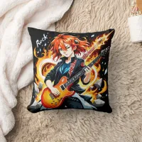 Passionate musician wields an electric guitar throw pillow