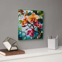 Vibrant Orchids Blooming in Tropical Paradise Square Wall Clock