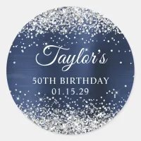 Silver Glitter Navy Blue Foil 50th Birthday Classic Round Sticker