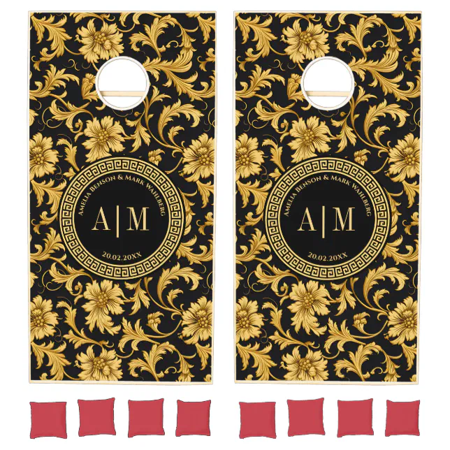 Monogram Wedding Black & Gold Classy Elegant Cornhole Set