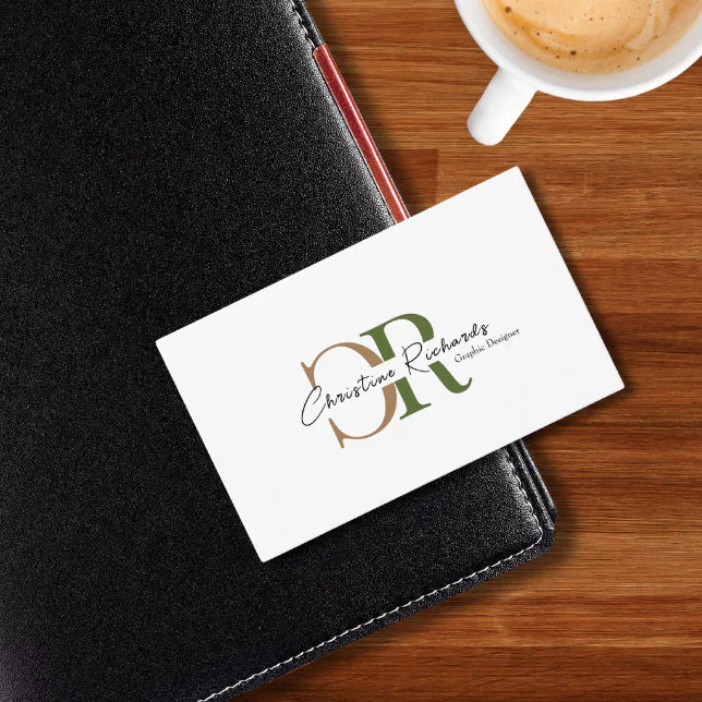 Simple Modern Olive Green Gold Monogram Business Card