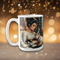 Cozy Scene | Woman Drinking Cocoa with Cat Coffee Mug