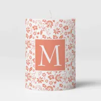 Coral Terra Cotta Spring Flower Pattern Monogram Pillar Candle