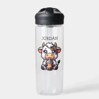 Cute Baby Cow Drinking Boba Kawaii Cartoon Water Bottle