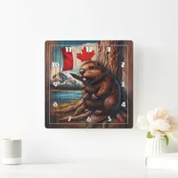 Beaver Sitting by Lake With Canadian Flag Square Wall Clock