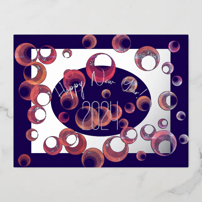 Modern happy new year, colorful bubbles, silver foil holiday postcard