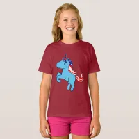 Unicorn Blue Patriotic USA Flag Mane Cartoon T-Shirt