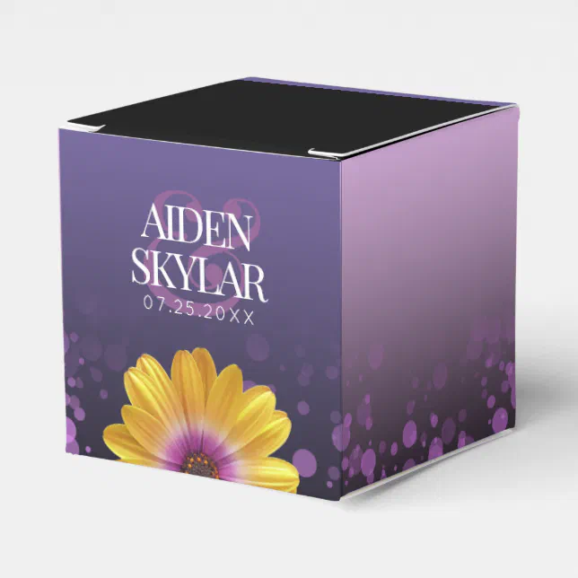 Elegant Golden Daisies with Purple Glitter Wedding Favor Boxes