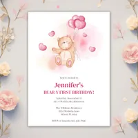 Teddy Bear Pink Balloons 1st Birthday Party Invitation