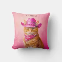 Cute Paining of Ginger Cat in Pink Cowgirl Hat Throw Pillow