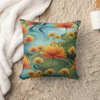 Vibrant Orange Flowers Amidst Swirling Blues Throw Pillow