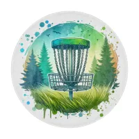 Disc Golf Basket and Pine Trees Blue and Green Cutting Board