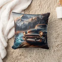 Vintage Car By Mountain Stream at Sunset Throw Pillow