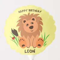 Cute lion in the grass with ladybug, kids birthday balloon