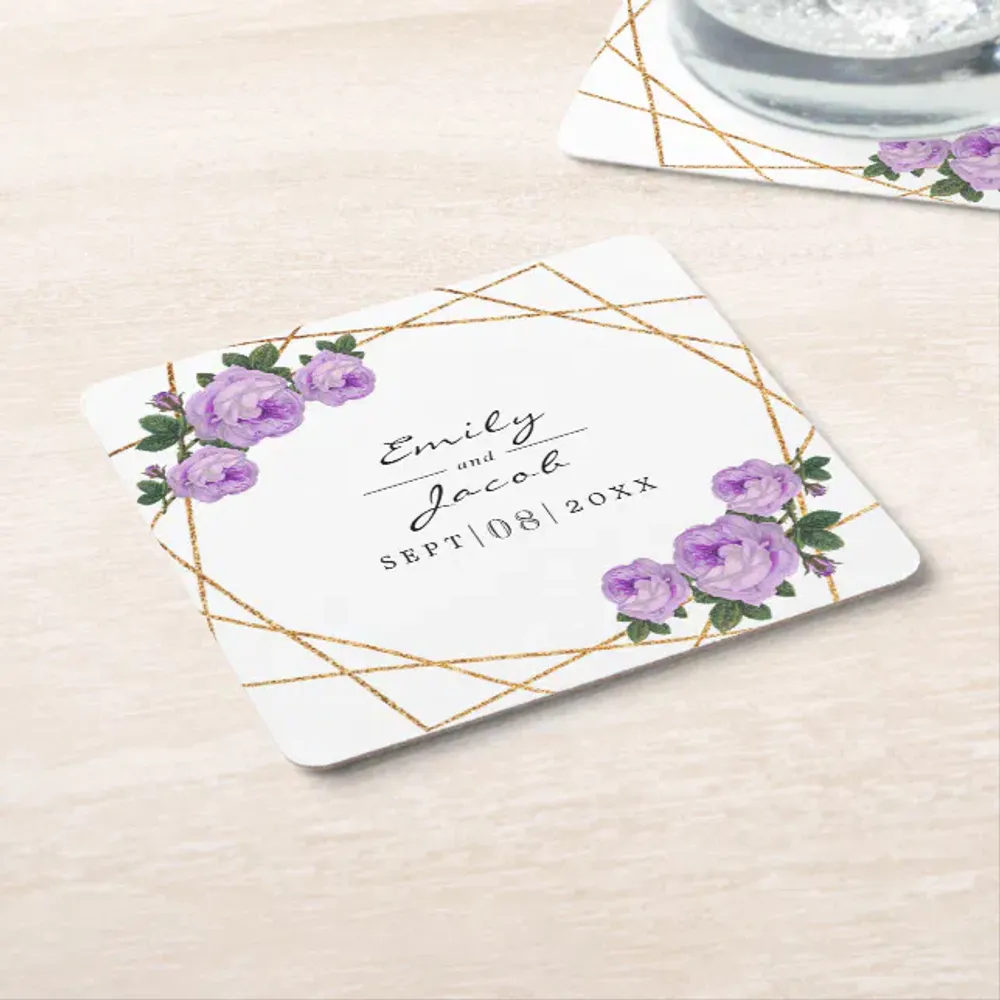 Elegant Gold Glitter Geo Purple Floral Wedding Square Paper Coaster