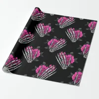 Vintage Gothic Pink Rose Skeleton Halloween Wrapping Paper