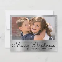 Faux Silver Foil Merry Christmas Family Photo Invitation