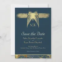 Art Deco Butterfly Monogram Photo Blue Gold  Save The Date