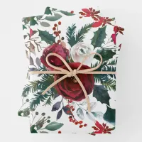 Burgundy Roses, Pine, Holly Christmas Floral Wrapping Paper Sheets