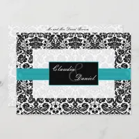 aqua  damask wedding invitation