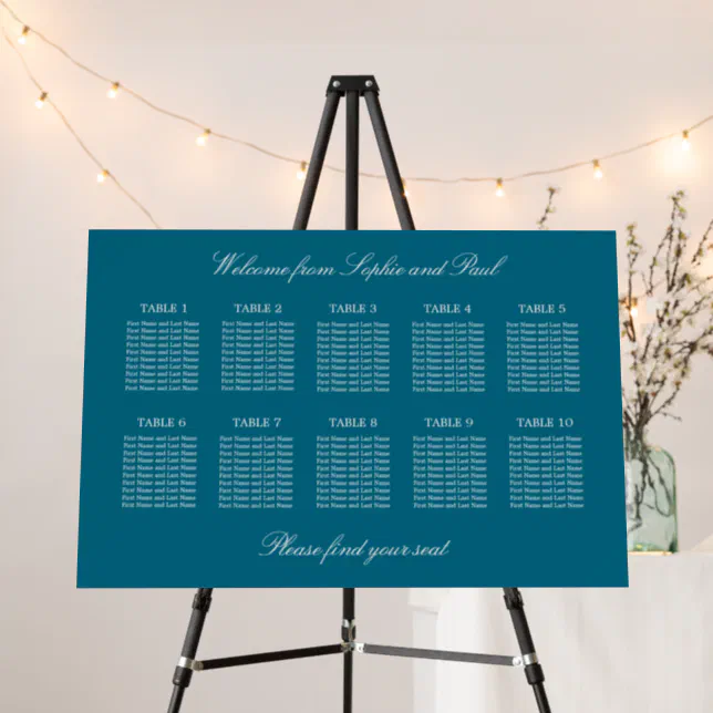 Deep Turquoise Blue 10 Table Wedding Seating Chart Foam Board