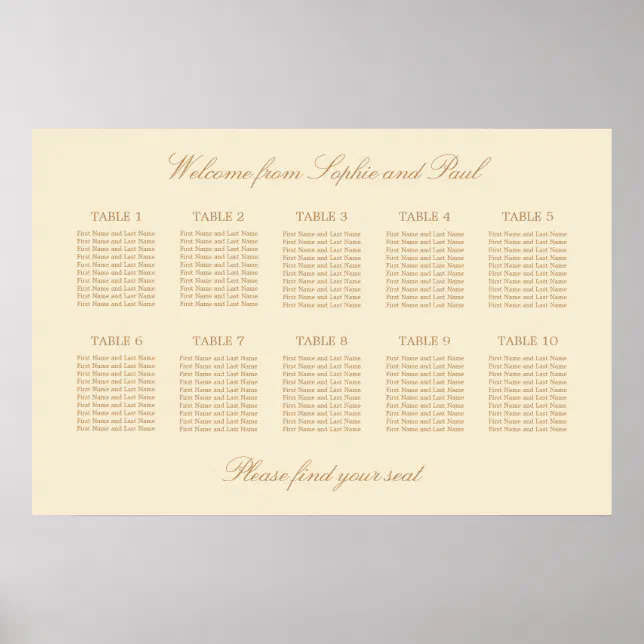 Cream Beige 10 Table Wedding Seating Chart Poster